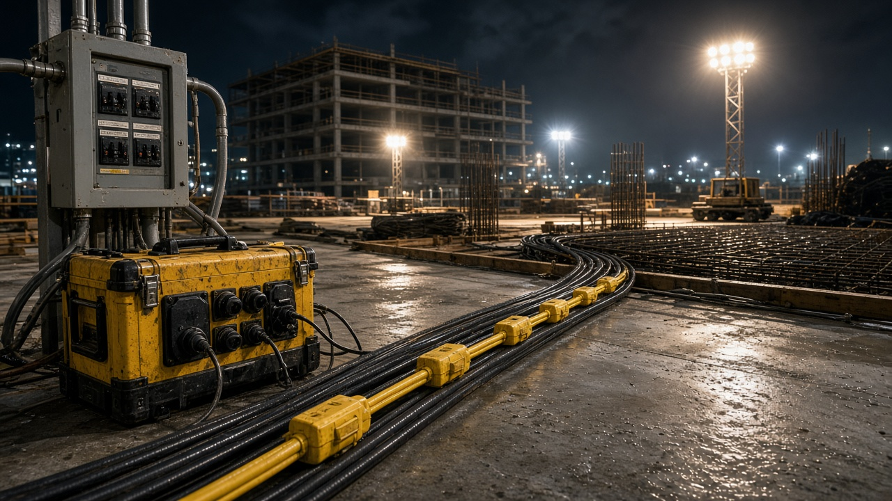 Yellow temporary-power distribution box on a lit construction site at night